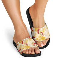 Beige Palaka Hawaii Aloha Slide Sandals Koi Pond Mix Ilima Flowers LT7 - Polynesian Pride