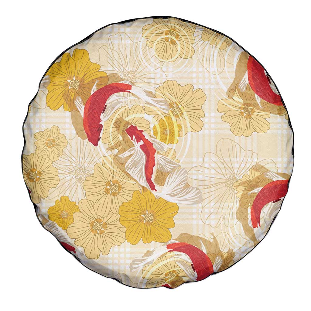 Beige Palaka Hawaii Aloha Spare Tire Cover Koi Pond Mix Ilima Flowers - Polynesian Pride