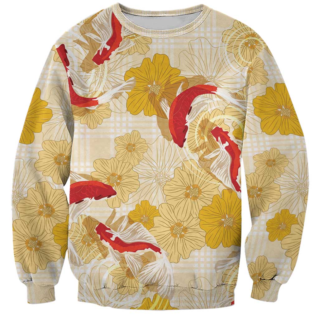 Beige Palaka Hawaii Aloha Sweatshirt Koi Pond Mix Ilima Flowers LT7 Unisex Cream Yellow - Polynesian Pride