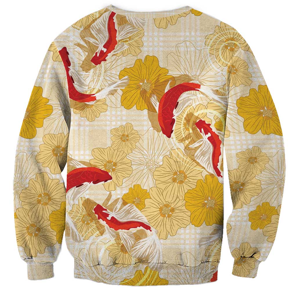 Beige Palaka Hawaii Aloha Sweatshirt Koi Pond Mix Ilima Flowers LT7 - Polynesian Pride