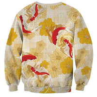 Beige Palaka Hawaii Aloha Sweatshirt Koi Pond Mix Ilima Flowers LT7 - Polynesian Pride