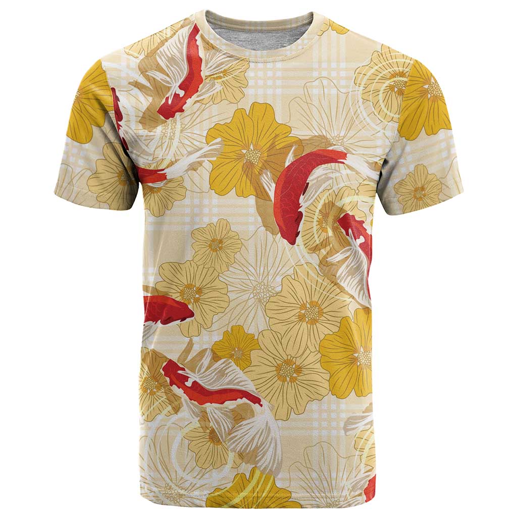 Beige Palaka Hawaii Aloha T Shirt Koi Pond Mix Ilima Flowers - Polynesian Pride