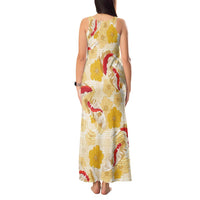 Beige Palaka Hawaii Aloha Tank Maxi Dress Koi Pond Mix Ilima Flowers - Polynesian Pride