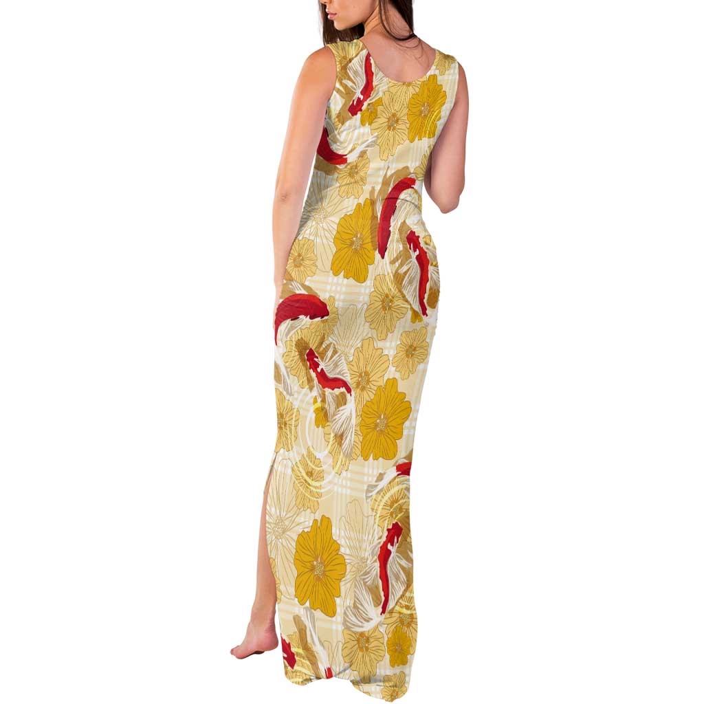 Beige Palaka Hawaii Aloha Tank Maxi Dress Koi Pond Mix Ilima Flowers - Polynesian Pride