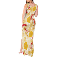 Beige Palaka Hawaii Aloha Tank Maxi Dress Koi Pond Mix Ilima Flowers - Polynesian Pride