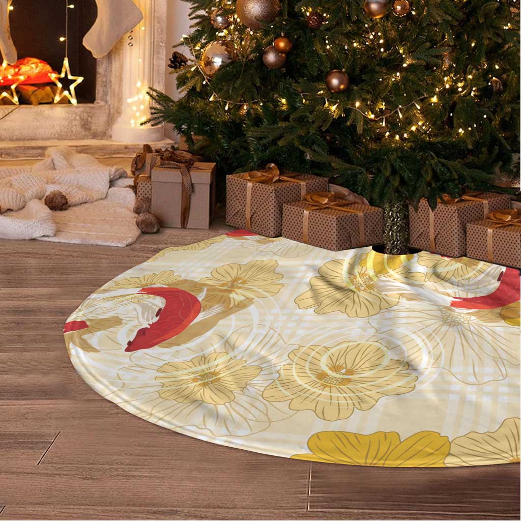 Beige Palaka Hawaii Aloha Tree Skirt Koi Pond Mix Ilima Flowers - Polynesian Pride