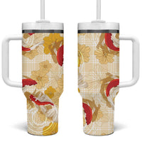 Beige Palaka Hawaii Aloha Tumbler With Handle Koi Pond Mix Ilima Flowers - Polynesian Pride