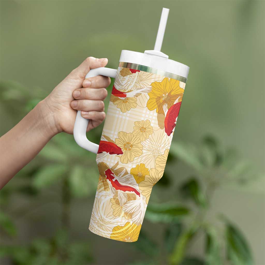 Beige Palaka Hawaii Aloha Tumbler With Handle Koi Pond Mix Ilima Flowers - Polynesian Pride