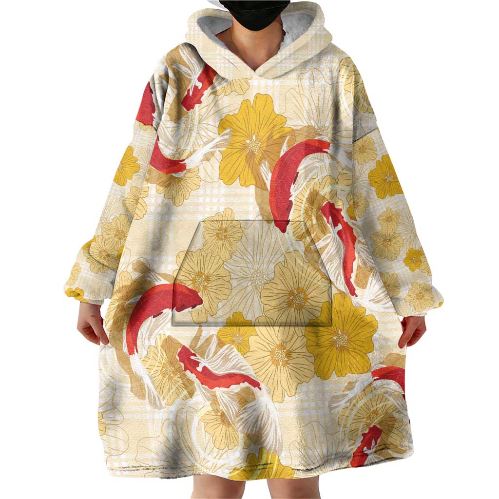 Beige Palaka Hawaii Aloha Wearable Blanket Hoodie Koi Pond Mix Ilima Flowers LT7 - Polynesian Pride