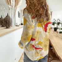 Beige Palaka Hawaii Aloha Women Casual Shirt Koi Pond Mix Ilima Flowers - Polynesian Pride