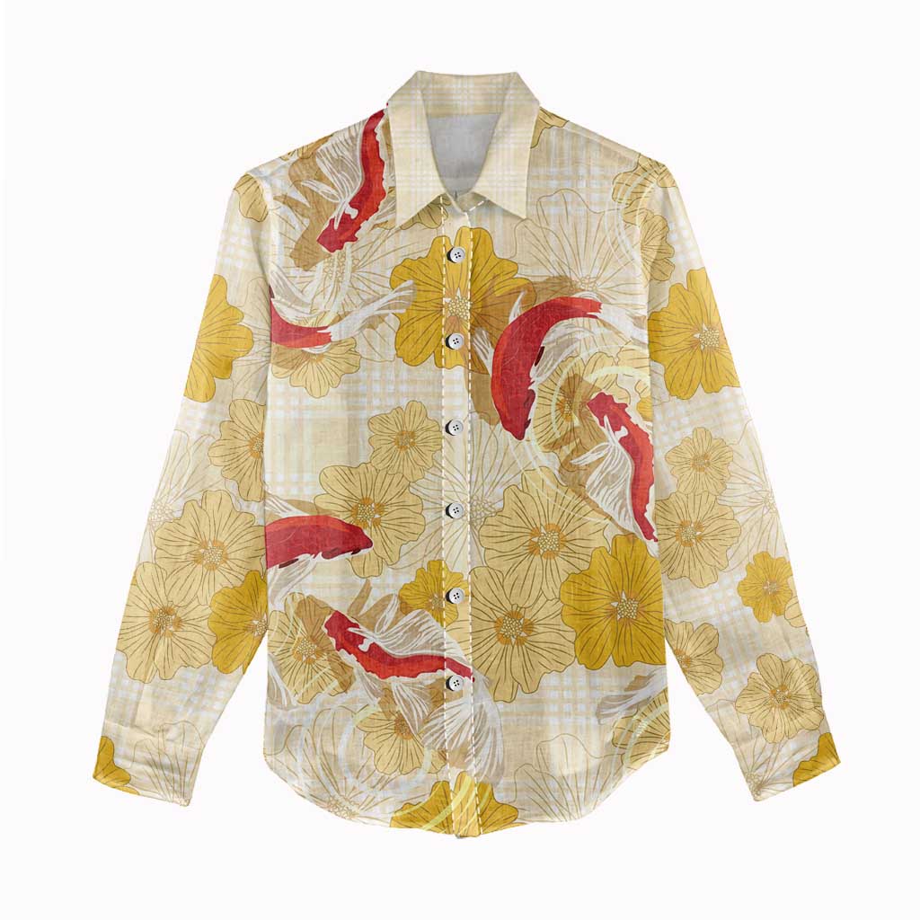 Beige Palaka Hawaii Aloha Women Casual Shirt Koi Pond Mix Ilima Flowers - Polynesian Pride