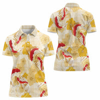 Beige Palaka Hawaii Aloha Women Polo Shirt Koi Pond Mix Ilima Flowers - Polynesian Pride