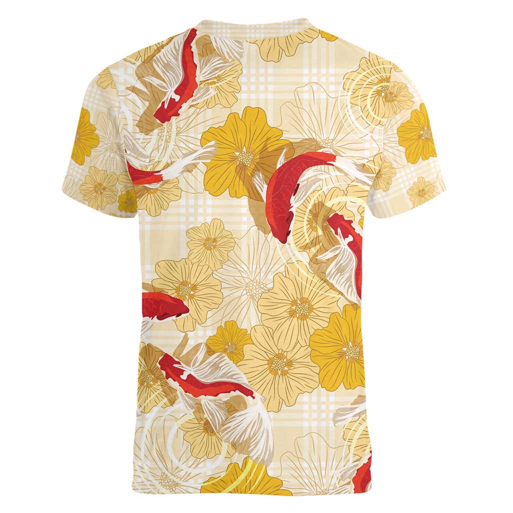 Beige Palaka Hawaii Aloha Women V-Neck T-Shirt Koi Pond Mix Ilima Flowers - Polynesian Pride