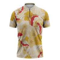Beige Palaka Hawaii Aloha Zipper Polo Shirt Koi Pond Mix Ilima Flowers LT7 Cream Yellow - Polynesian Pride