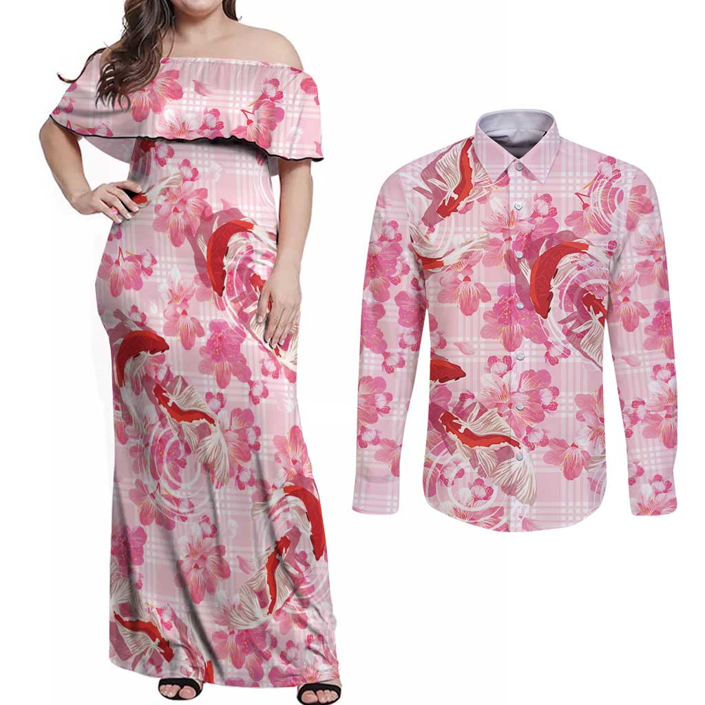 Pink Palaka Hawaii Aloha Couples Matching Off Shoulder Maxi Dress and Long Sleeve Button Shirt Koi Pond Mix Sakura - Polynesian Pride