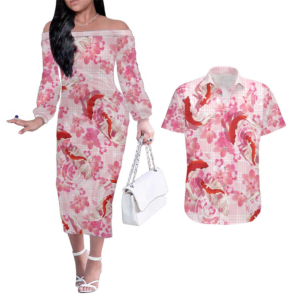 Pink Palaka Hawaii Aloha Couples Matching Off The Shoulder Long Sleeve Dress and Hawaiian Shirt Koi Pond Mix Sakura - Polynesian Pride