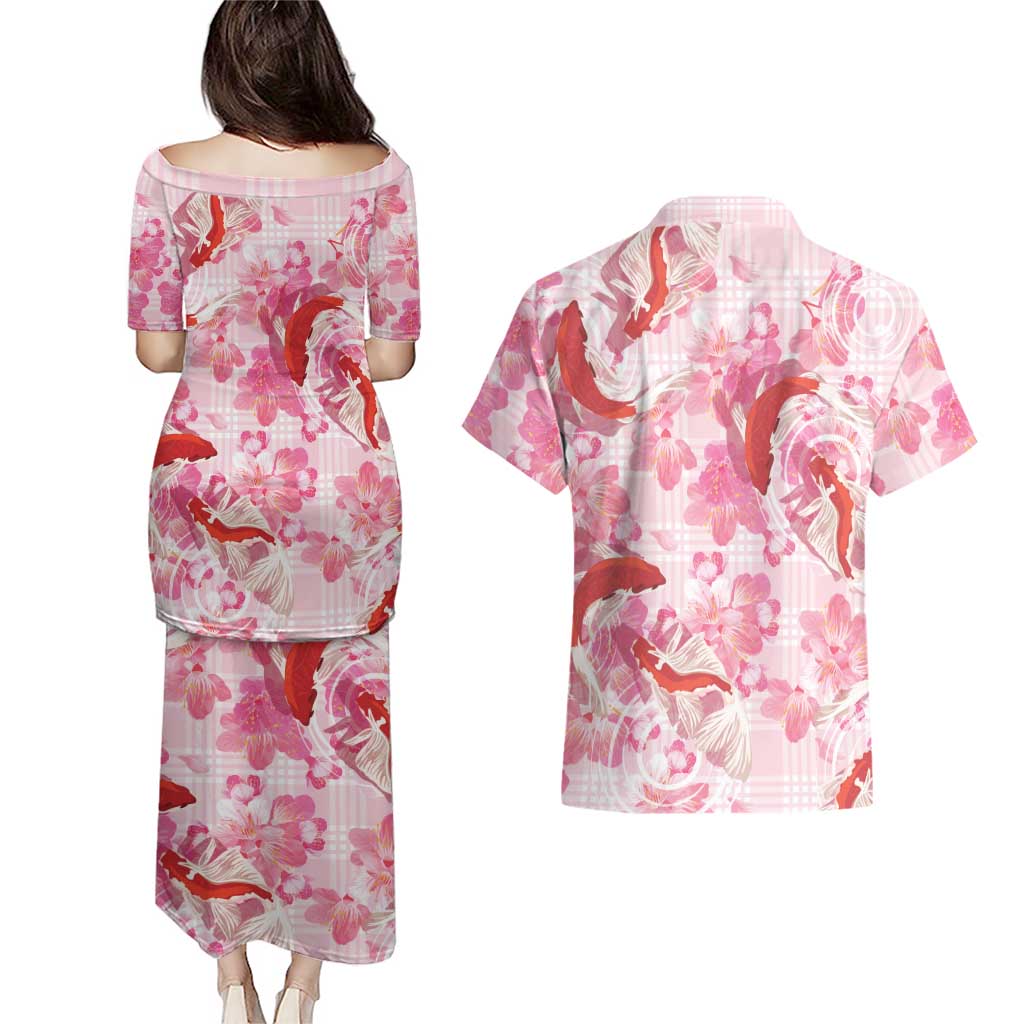 Pink Palaka Hawaii Aloha Couples Matching Puletasi and Hawaiian Shirt Koi Pond Mix Sakura LT7 - Polynesian Pride