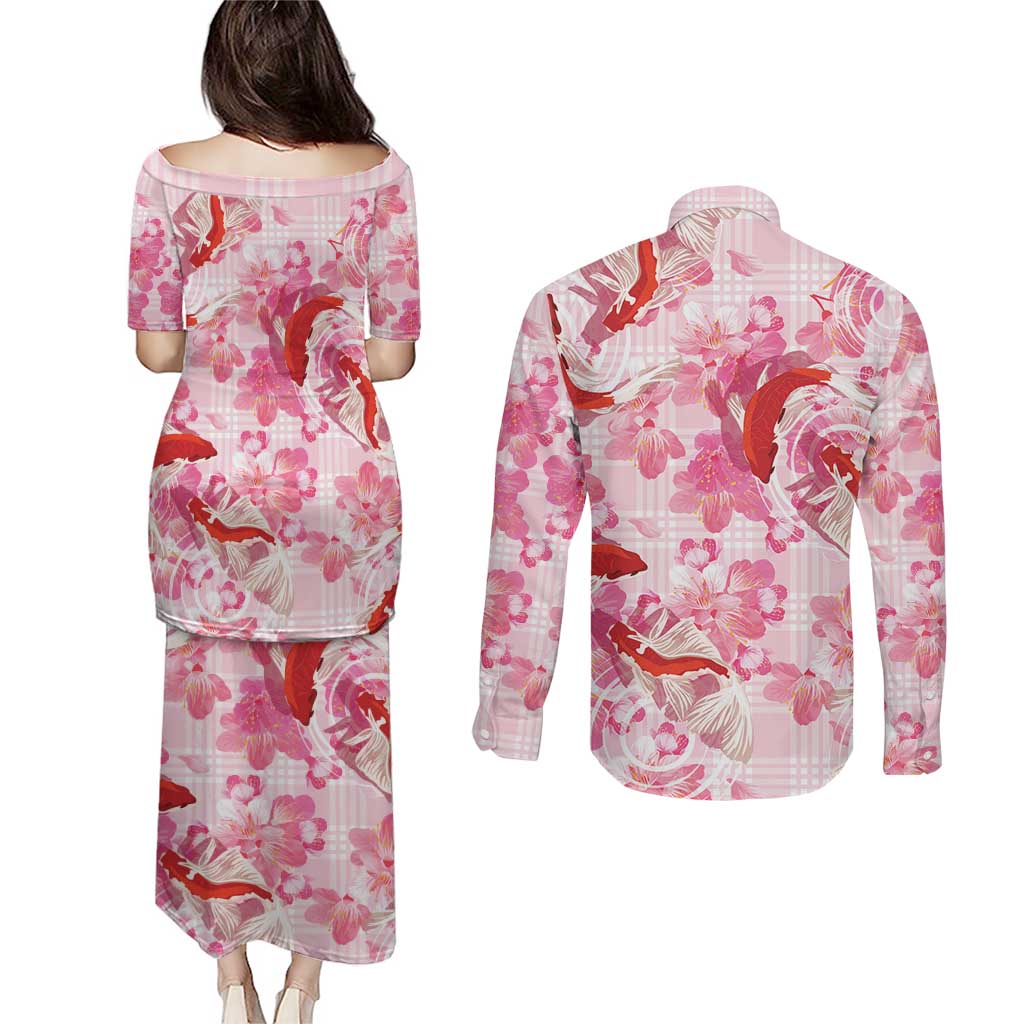 Pink Palaka Hawaii Aloha Couples Matching Puletasi and Long Sleeve Button Shirt Koi Pond Mix Sakura LT7 - Polynesian Pride