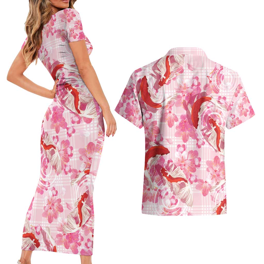 Pink Palaka Hawaii Aloha Couples Matching Short Sleeve Bodycon Dress and Hawaiian Shirt Koi Pond Mix Sakura - Polynesian Pride