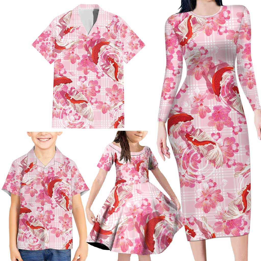 Pink Palaka Hawaii Aloha Family Matching Long Sleeve Bodycon Dress and Hawaiian Shirt Koi Pond Mix Sakura - Polynesian Pride