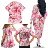 Pink Palaka Hawaii Aloha Family Matching Off The Shoulder Long Sleeve Dress and Hawaiian Shirt Koi Pond Mix Sakura - Polynesian Pride