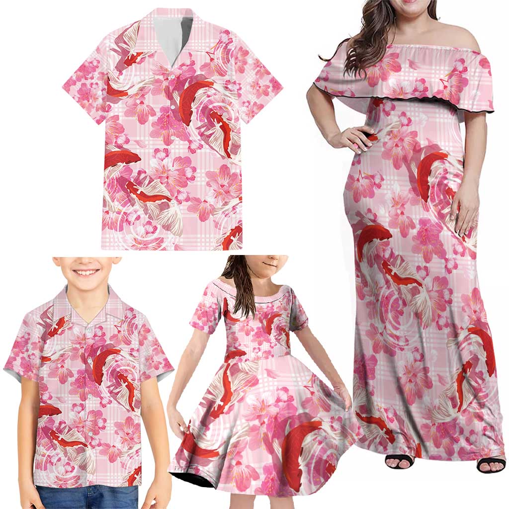 Pink Palaka Hawaii Aloha Family Matching Off Shoulder Maxi Dress and Hawaiian Shirt Koi Pond Mix Sakura - Polynesian Pride