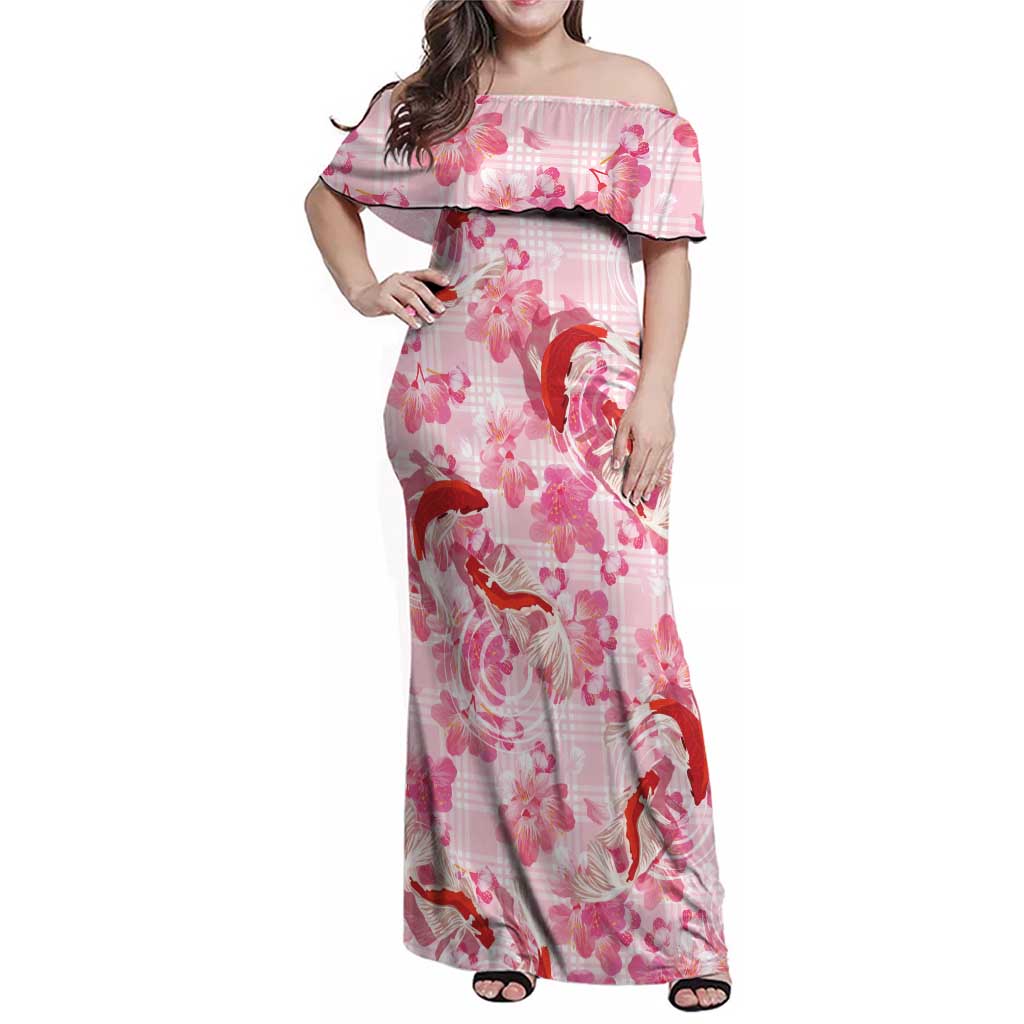 Pink Palaka Hawaii Aloha Family Matching Off Shoulder Maxi Dress and Hawaiian Shirt Koi Pond Mix Sakura - Polynesian Pride