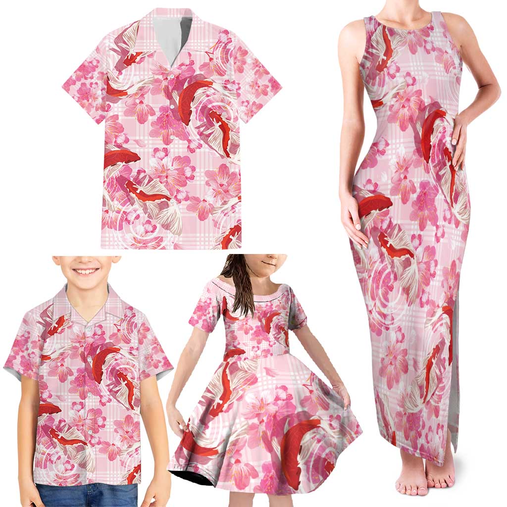 Pink Palaka Hawaii Aloha Family Matching Tank Maxi Dress and Hawaiian Shirt Koi Pond Mix Sakura - Polynesian Pride