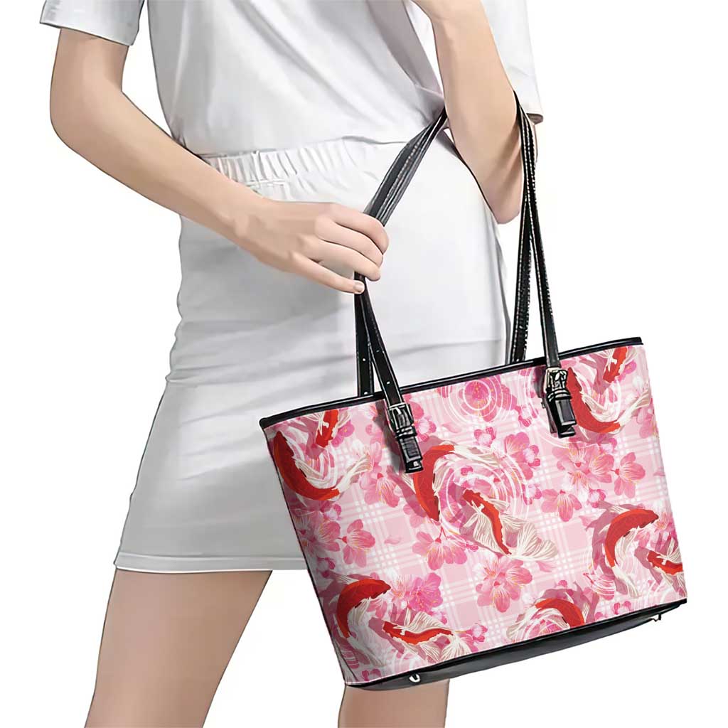 Pink Palaka Hawaii Aloha Leather Tote Bag Koi Pond Mix Sakura LT7 - Polynesian Pride