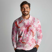 Pink Palaka Hawaii Aloha Long Sleeve Polo Shirt Koi Pond Mix Sakura LT7 - Polynesian Pride