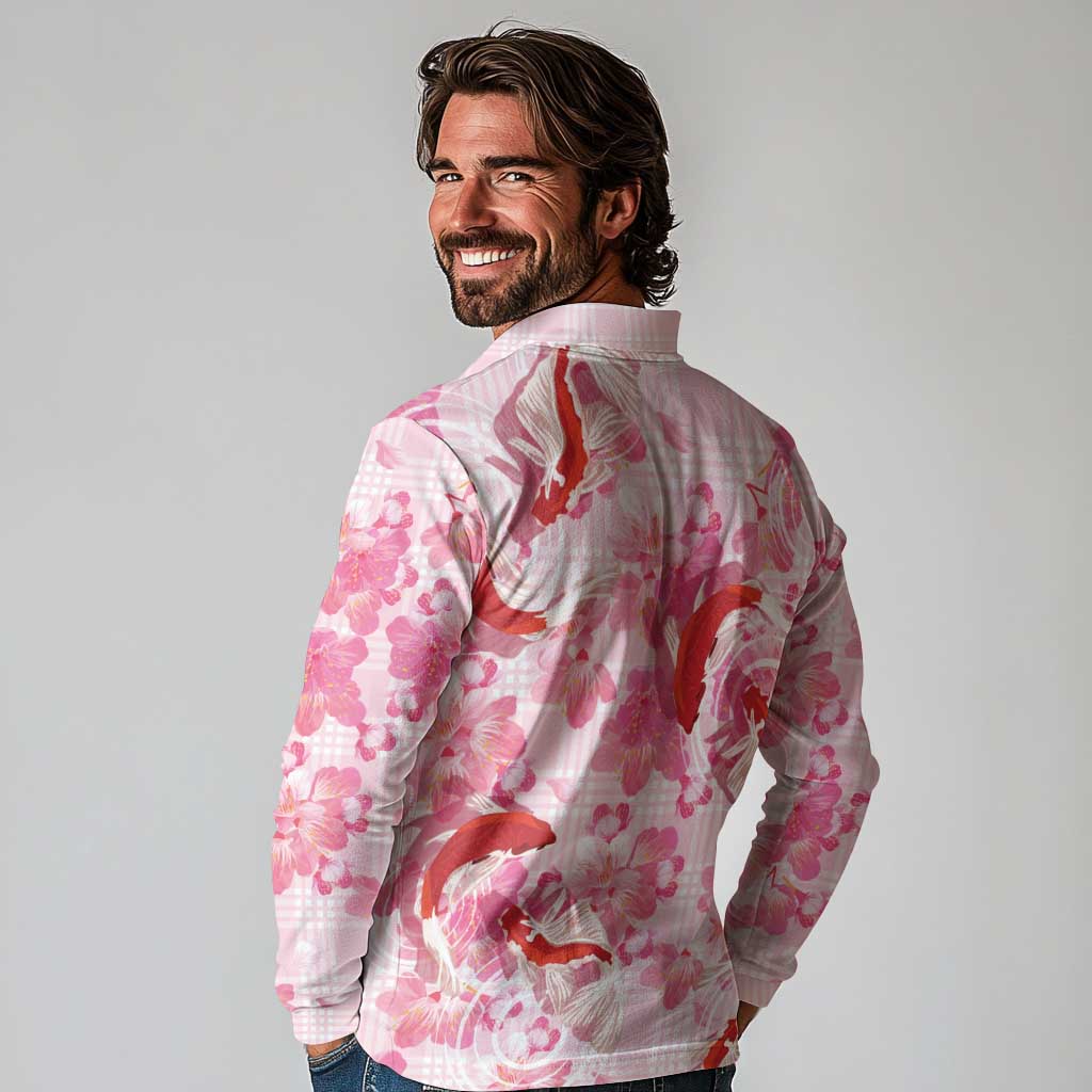 Pink Palaka Hawaii Aloha Long Sleeve Polo Shirt Koi Pond Mix Sakura LT7 - Polynesian Pride