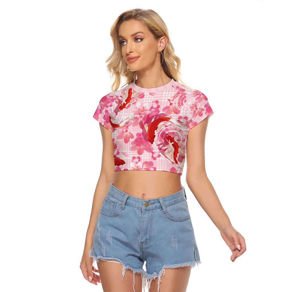 Pink Palaka Hawaii Aloha Raglan Cropped T Shirt Koi Pond Mix Sakura - Polynesian Pride