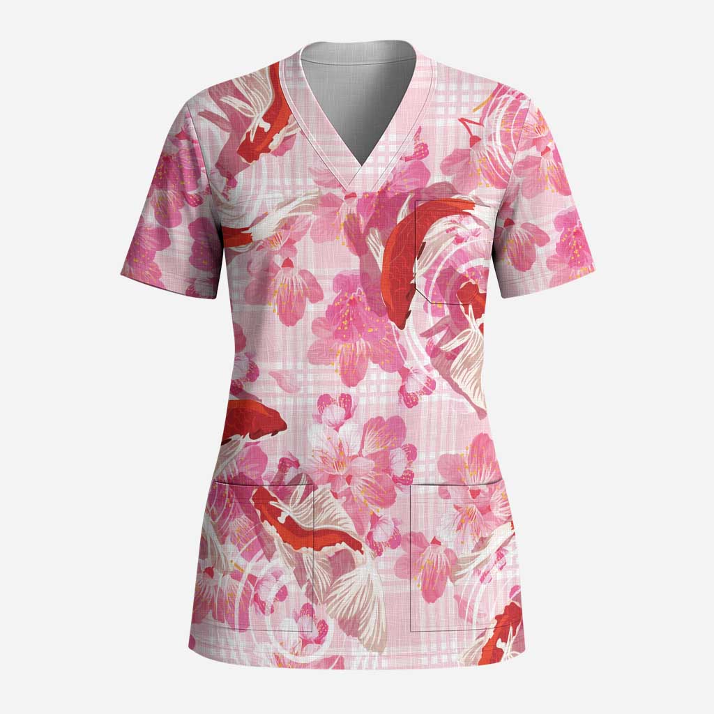 Pink Palaka Hawaii Aloha Scrub Top Koi Pond Mix Sakura LT7 Adult Pink - Polynesian Pride