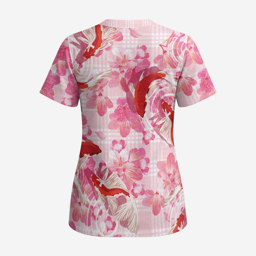 Pink Palaka Hawaii Aloha Scrub Top Koi Pond Mix Sakura LT7 - Polynesian Pride