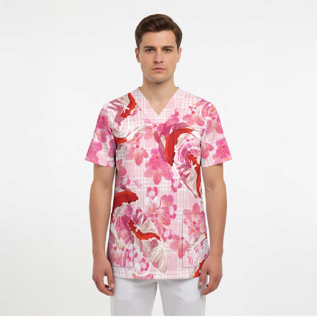 Pink Palaka Hawaii Aloha Scrub Top Koi Pond Mix Sakura LT7 - Polynesian Pride