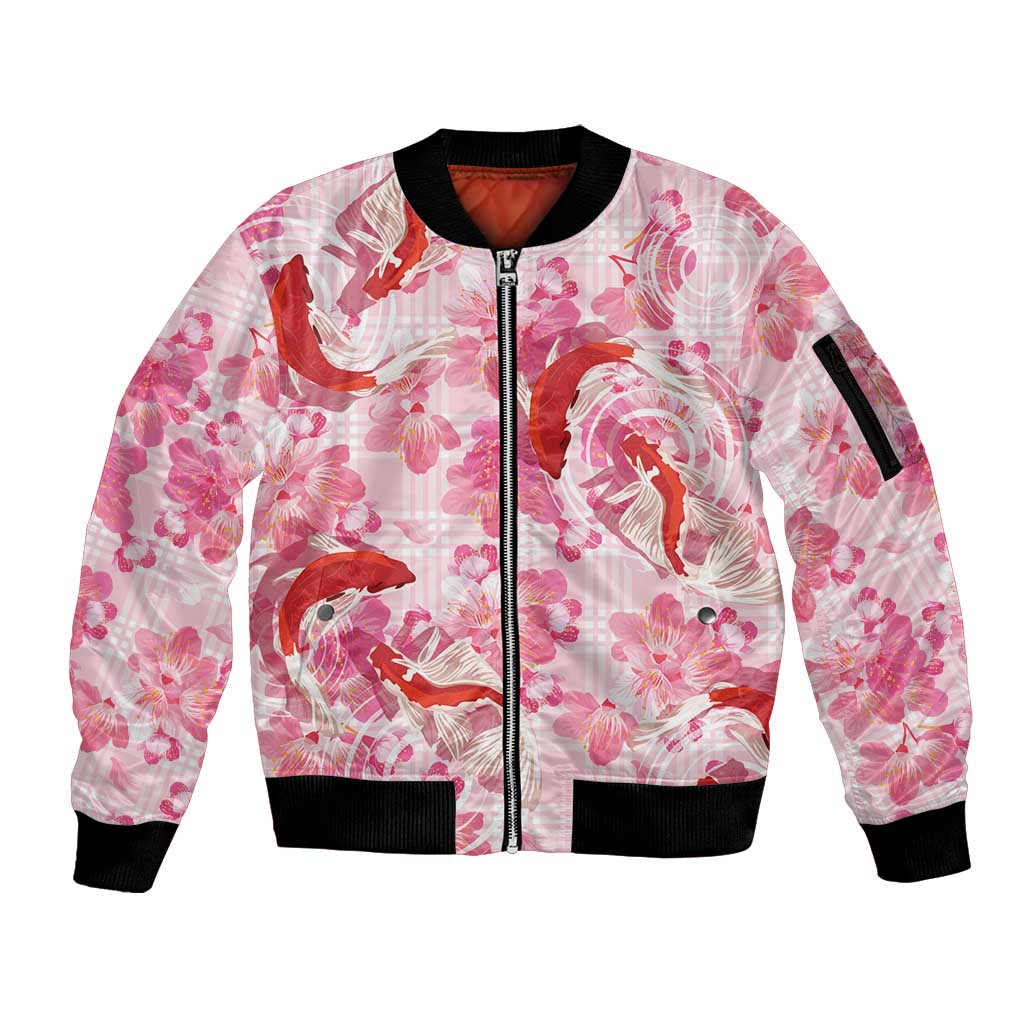 Pink Palaka Hawaii Aloha Sleeve Zip Bomber Jacket Koi Pond Mix Sakura LT7 Unisex Pink - Polynesian Pride