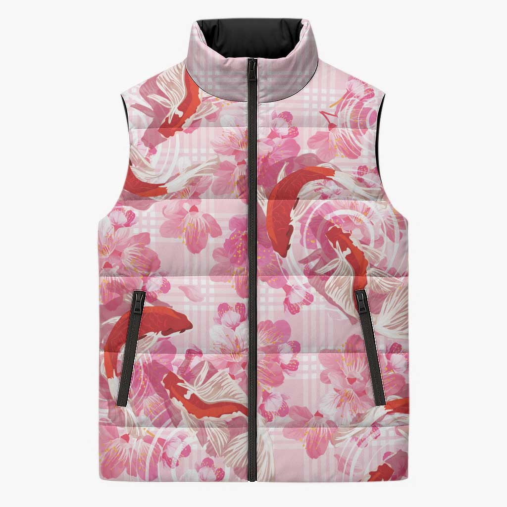 Pink Palaka Hawaii Aloha Sleeveless Puffer Jacket Koi Pond Mix Sakura LT7 Unisex Pink - Polynesian Pride
