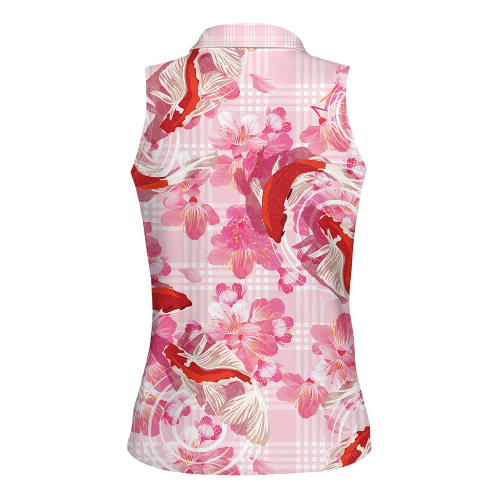 Pink Palaka Hawaii Aloha Women Sleeveless Polo Shirt Koi Pond Mix Sakura LT7 - Polynesian Pride