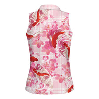 Pink Palaka Hawaii Aloha Women Sleeveless Polo Shirt Koi Pond Mix Sakura LT7 - Polynesian Pride