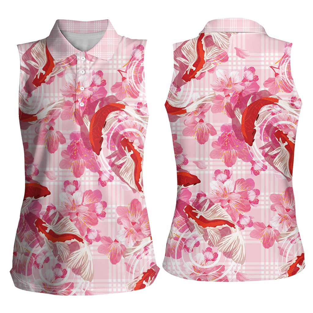 Pink Palaka Hawaii Aloha Women Sleeveless Polo Shirt Koi Pond Mix Sakura LT7 - Polynesian Pride