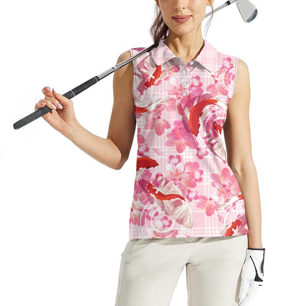 Pink Palaka Hawaii Aloha Women Sleeveless Polo Shirt Koi Pond Mix Sakura LT7 - Polynesian Pride