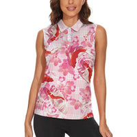 Pink Palaka Hawaii Aloha Women Sleeveless Polo Shirt Koi Pond Mix Sakura LT7 - Polynesian Pride