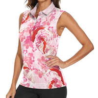 Pink Palaka Hawaii Aloha Women Sleeveless Polo Shirt Koi Pond Mix Sakura LT7 - Polynesian Pride