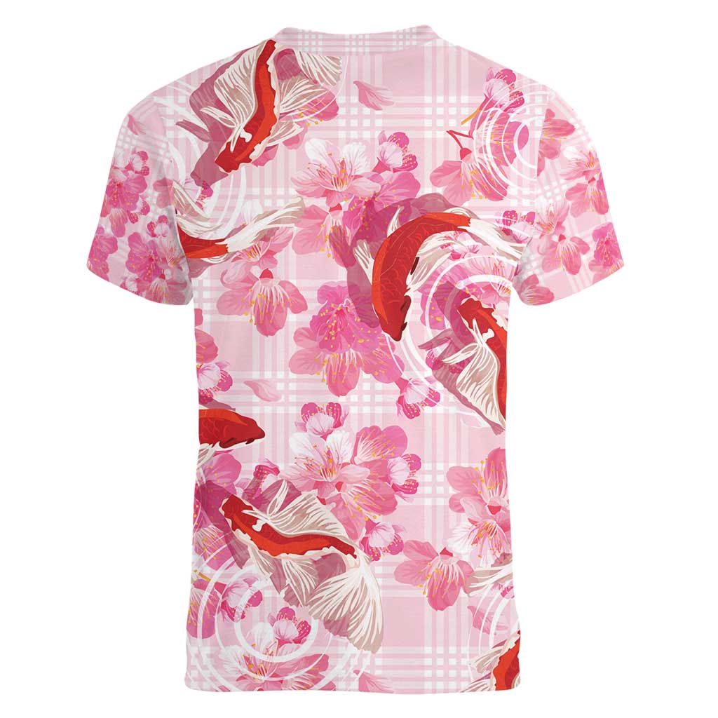 Pink Palaka Hawaii Aloha Women V-Neck T-Shirt Koi Pond Mix Sakura - Polynesian Pride
