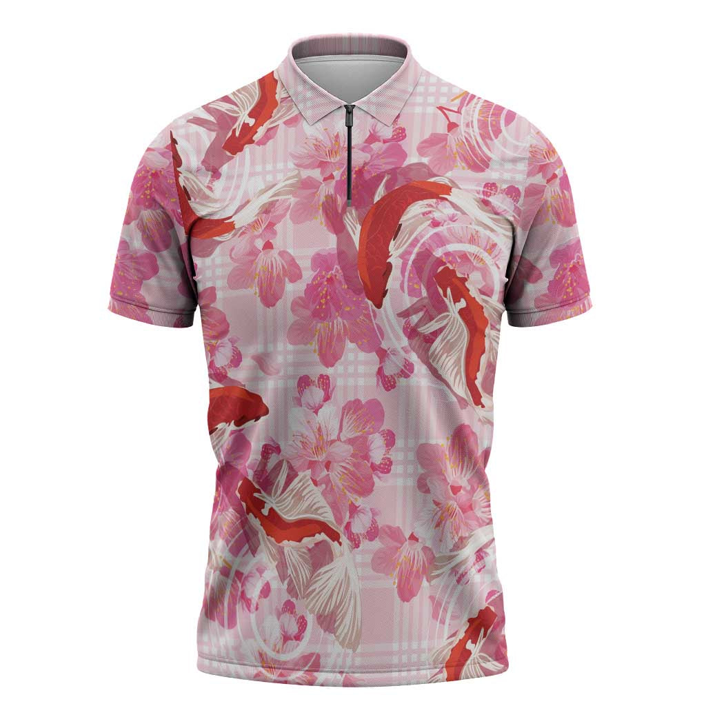 Pink Palaka Hawaii Aloha Zipper Polo Shirt Koi Pond Mix Sakura LT7 Pink - Polynesian Pride