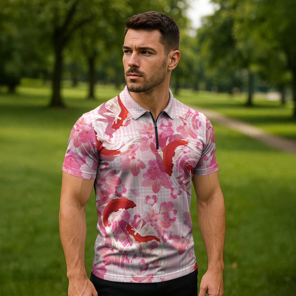 Pink Palaka Hawaii Aloha Zipper Polo Shirt Koi Pond Mix Sakura LT7 - Polynesian Pride