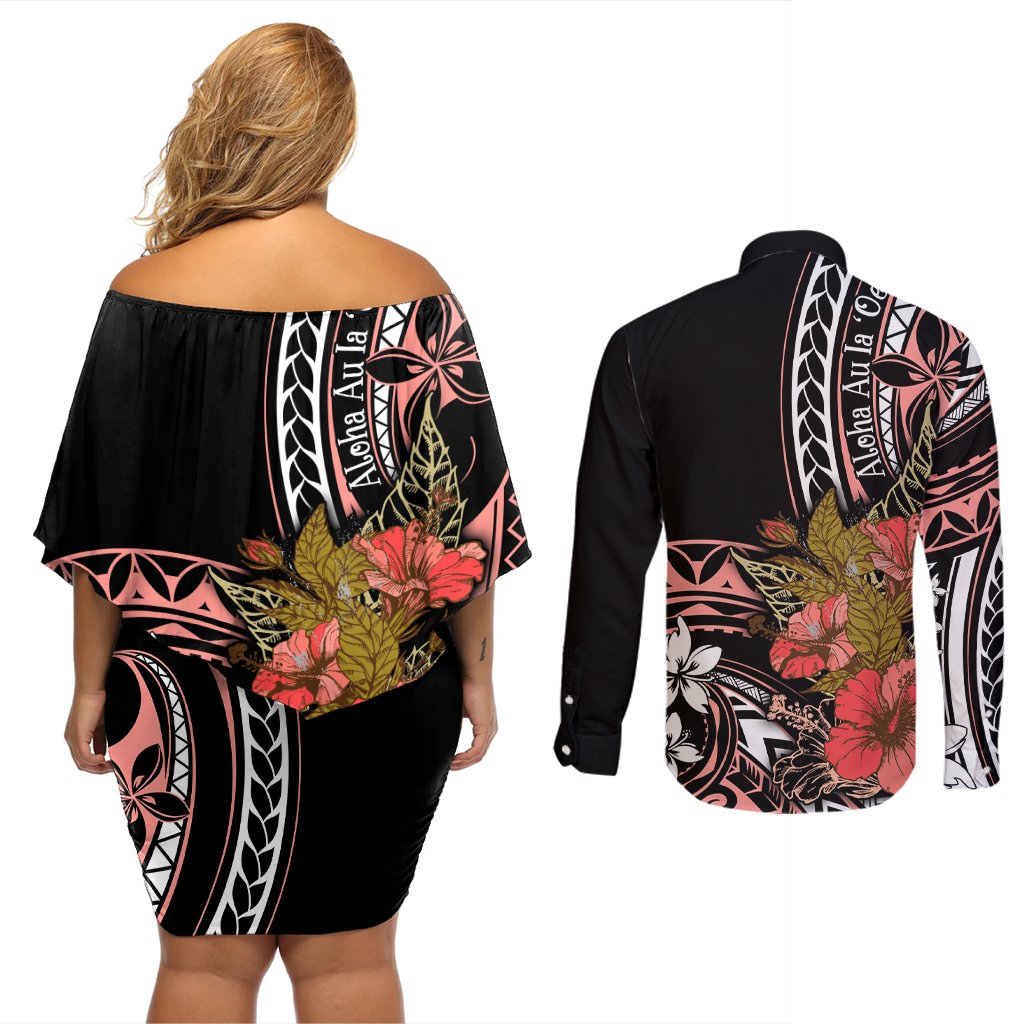 Hawaii Valentine Couples Matching Off Shoulder Short Dress and Long Sleeve Button Shirt Plumeria Aloha Wau Ia Oe LT7 - Polynesian Pride