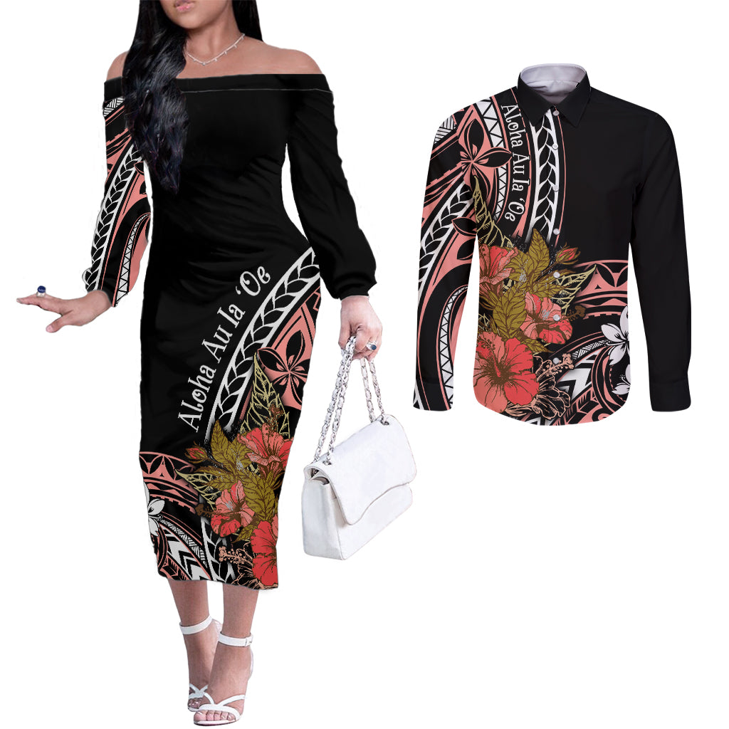 Hawaii Valentine Couples Matching Off The Shoulder Long Sleeve Dress and Long Sleeve Button Shirt Plumeria Aloha Wau Ia Oe LT7 Pink - Polynesian Pride