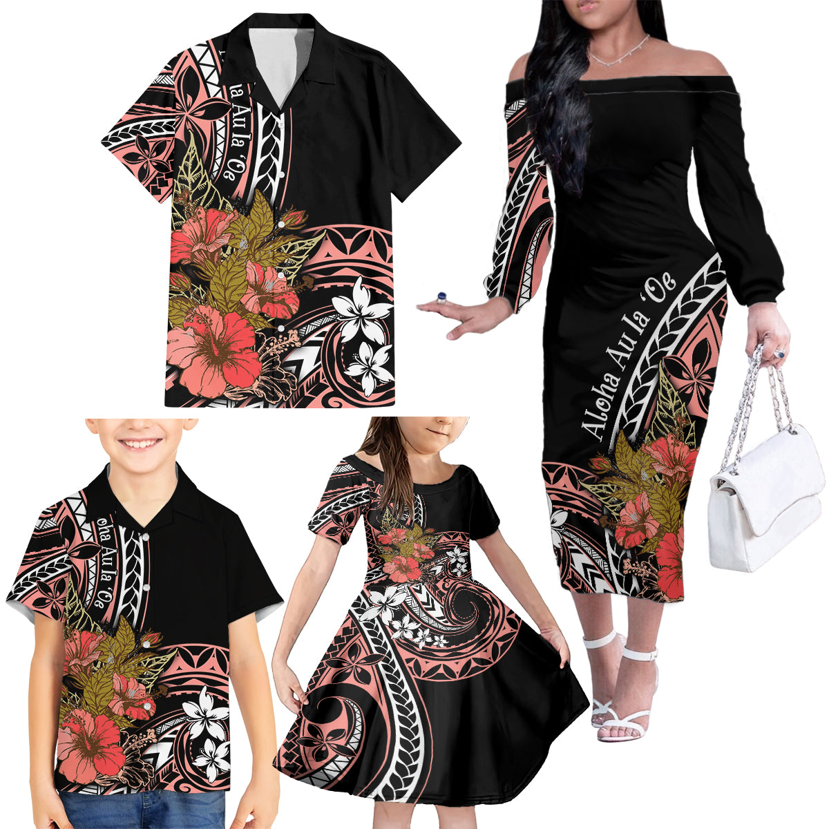 Hawaii Valentine Family Matching Off Shoulder Long Sleeve Dress and Hawaiian Shirt Plumeria Aloha Wau Ia Oe LT7 - Polynesian Pride