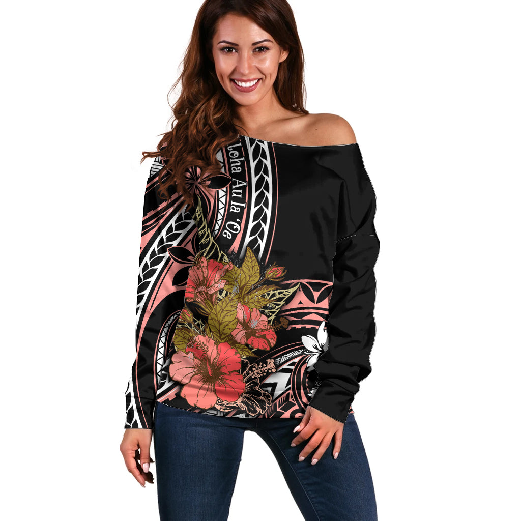 Hawaii Valentine Off Shoulder Sweater Plumeria Aloha Wau Ia Oe LT7 Women Pink - Polynesian Pride